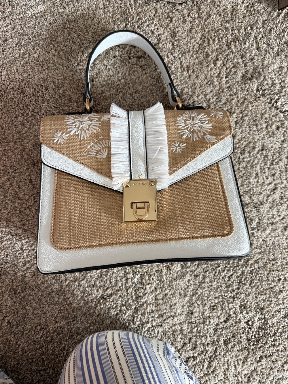 ALDO White and Tan Raffia Top-Handle Satchel with Floral Embroidery
